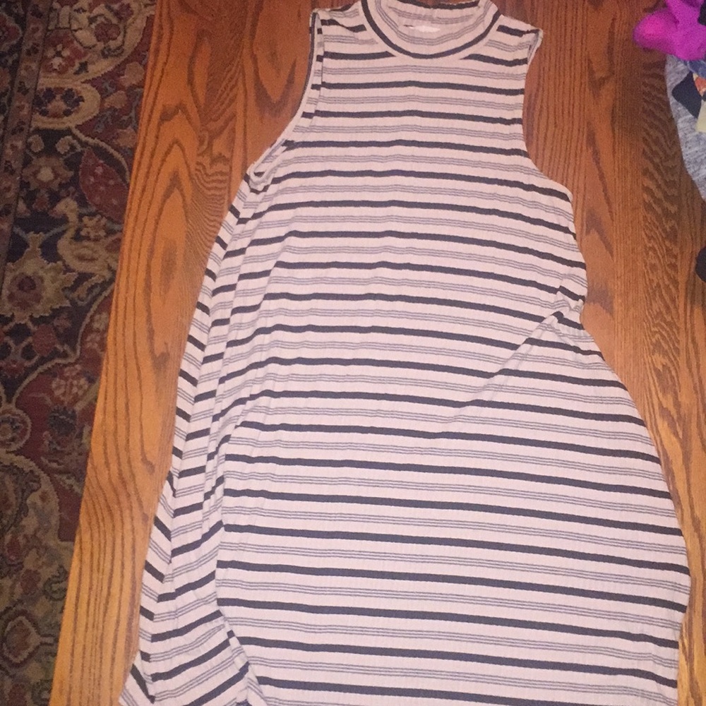 Nude black striped shift high neck dress